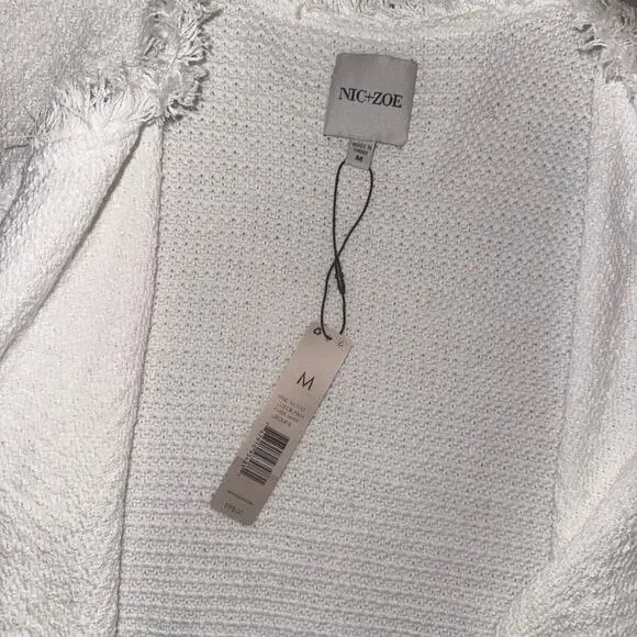 NIC + ZOE White Fringe Knit Jacket Open Front Zip Pockets Size M NWT - Picture 4 of 8